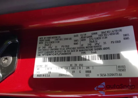 2020 Ford F-150 Lariat z USA, uszkodzony, nr VIN 1FTEW1C47LFA69035